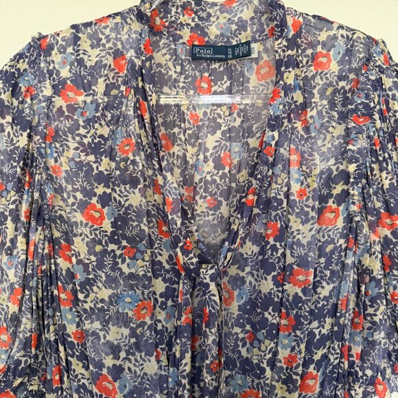 Polo Ralph Lauren Blue Floral Maxi Dress XL Boho-Chic Tie Neck Smocked Waist - Picture 5 of 13